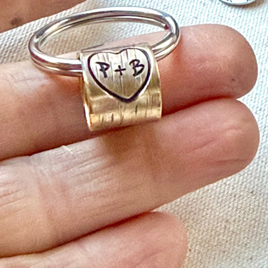 Traditional 8th solid Bronze anniversary Gift Personalized with couple initials carved in tree bark with a heart - eighth -19th anniversary - Drake designs jewelry