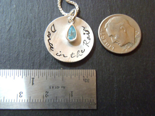 Dance in the rain sterling silver cupped pendant with bezel set blue aquamarine at center on a sterling silver box chain - drake designs jewelry