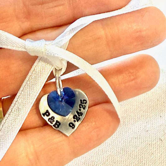 Something blue personalized heart bouquet charm with blue crystal heart - drake designs jewelry