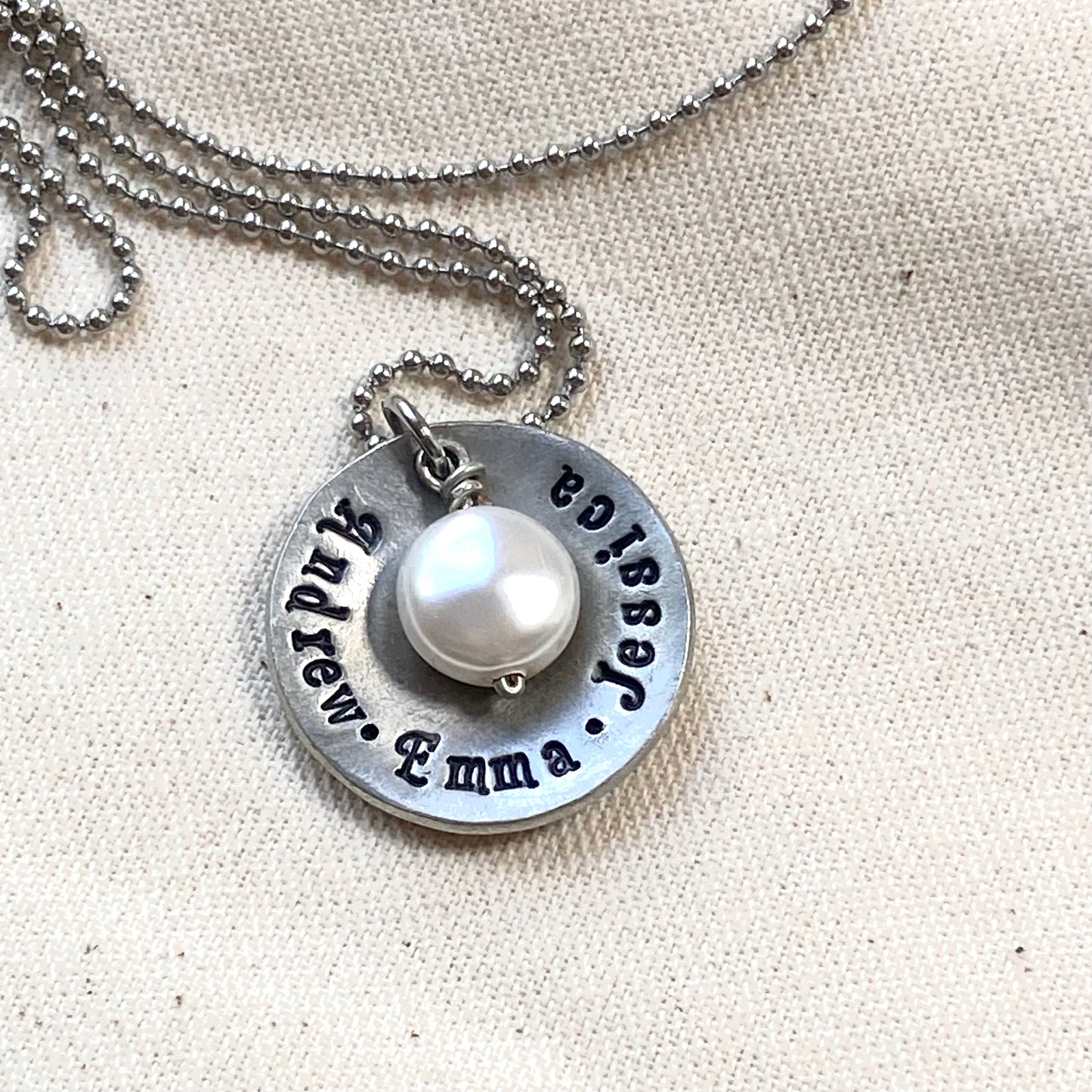 Rustic personalized mom necklace with kids names and pearl - hand stamped jewelry