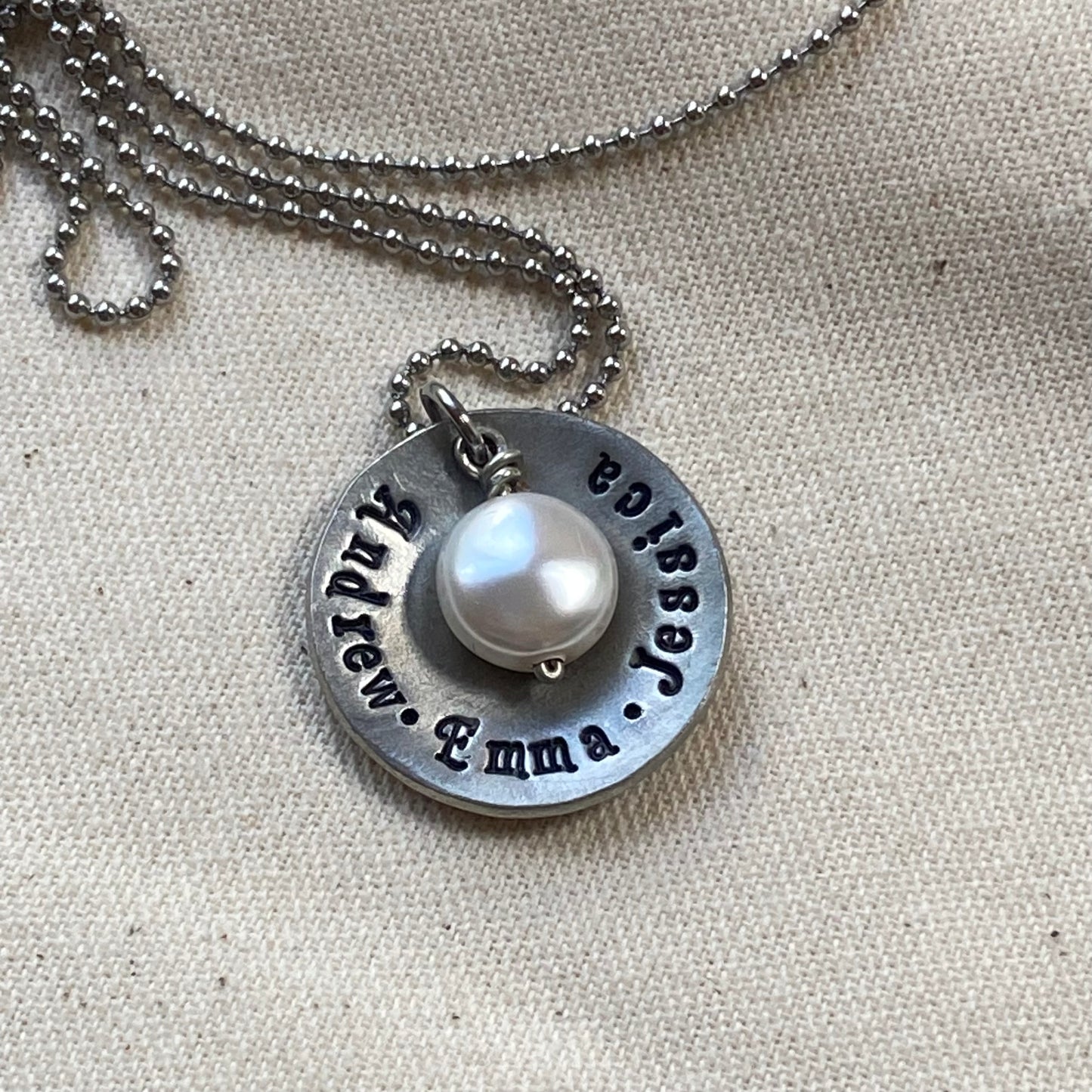 Rustic personalized mom necklace with kids names and pearl - hand stamped jewelry