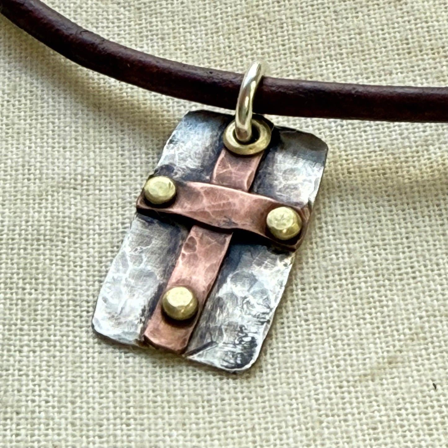 Sterling Silver and Copper Rustic Hammered Cross Necklace Hand Riveted Mixed Metal