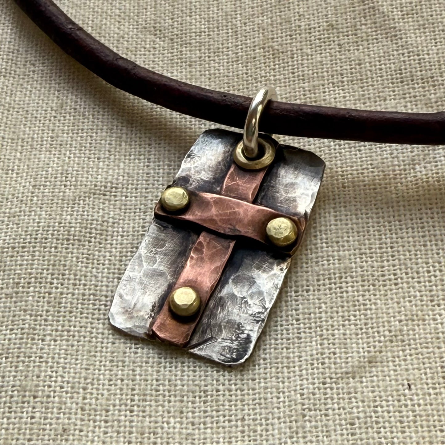Sterling Silver and Copper Rustic Hammered Cross Necklace Hand Riveted Mixed Metal
