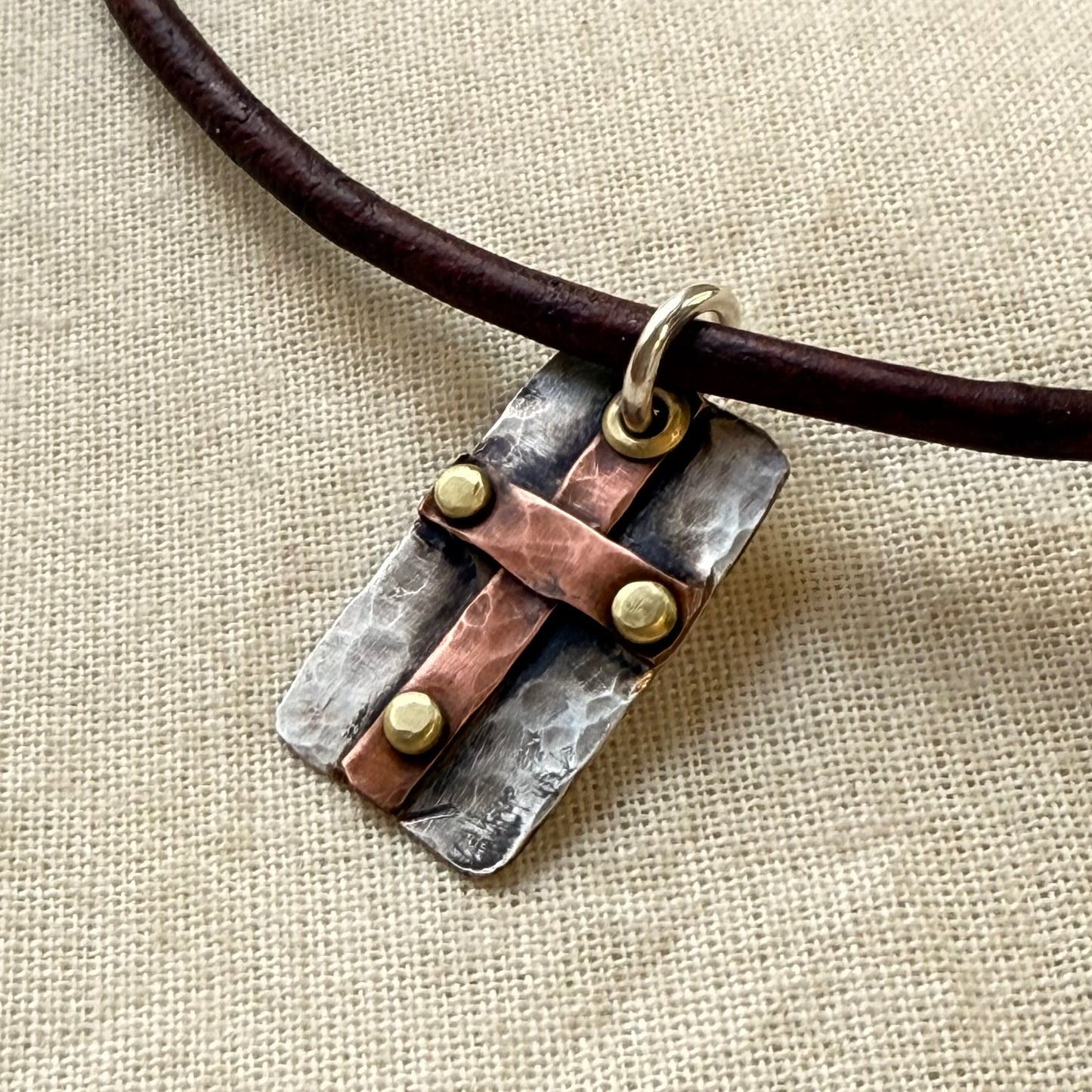 Sterling Silver and Copper Rustic Hammered Cross Necklace Hand Riveted Mixed Metal