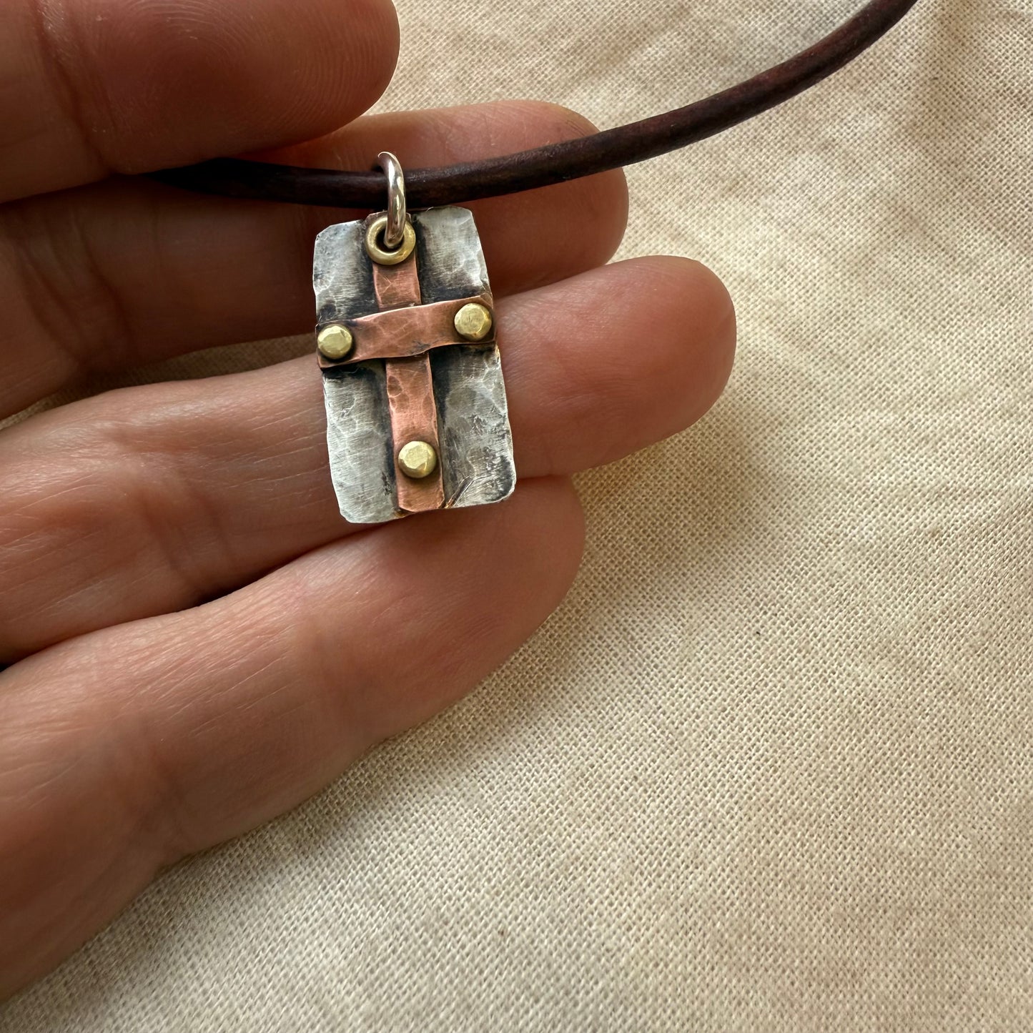 Sterling Silver and Copper Rustic Hammered Cross Necklace Hand Riveted Mixed Metal
