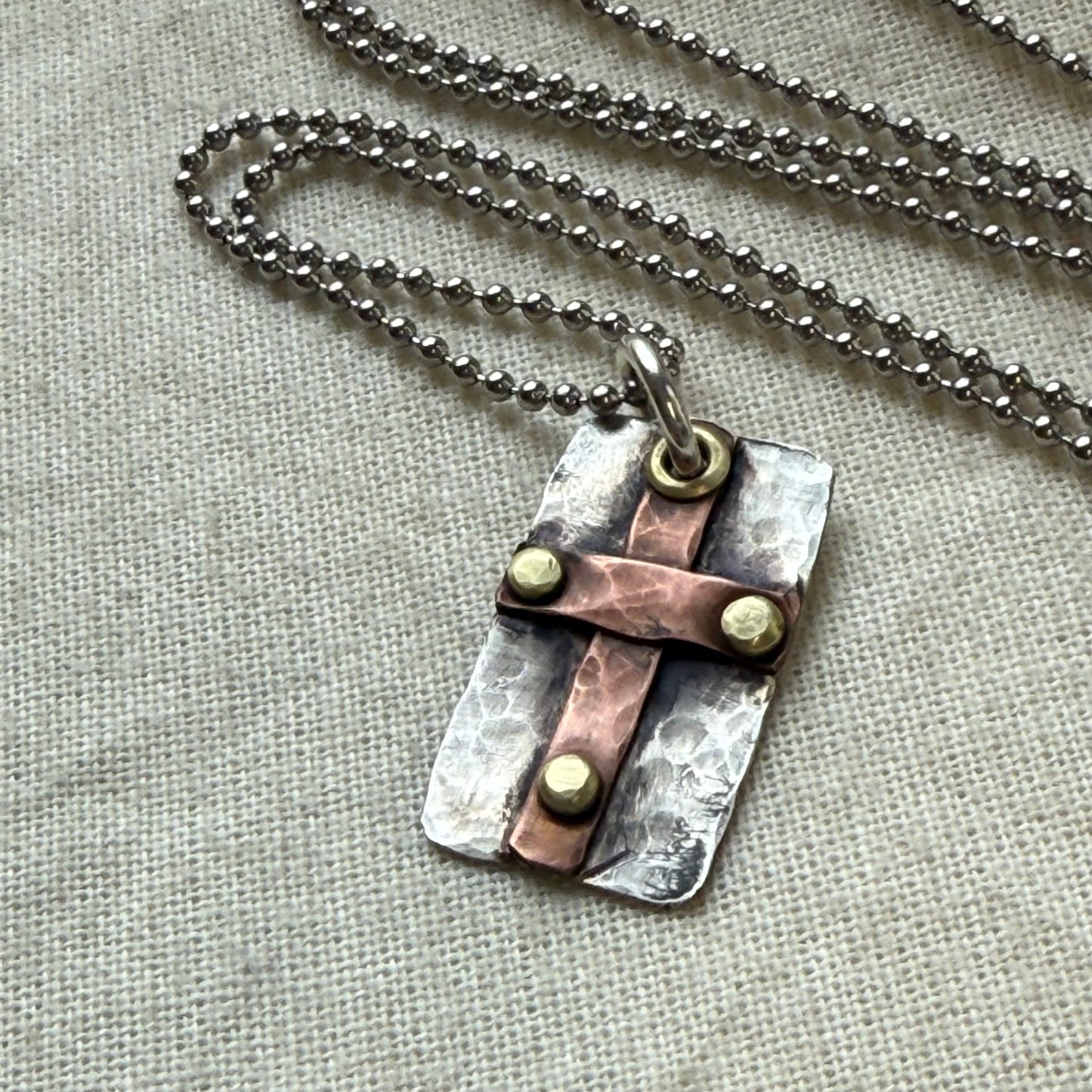 Sterling Silver and Copper Rustic Hammered Cross Necklace Hand Riveted Mixed Metal
