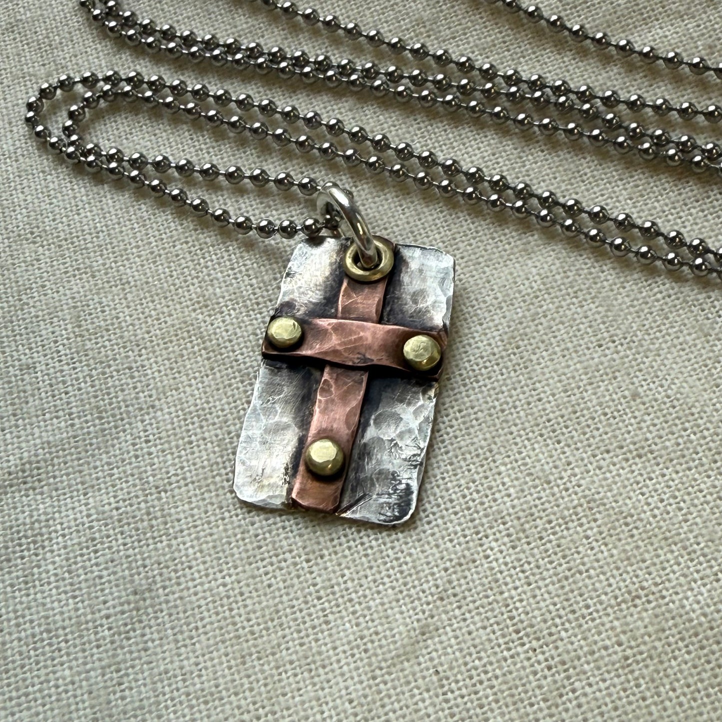Sterling Silver and Copper Rustic Hammered Cross Necklace Hand Riveted Mixed Metal