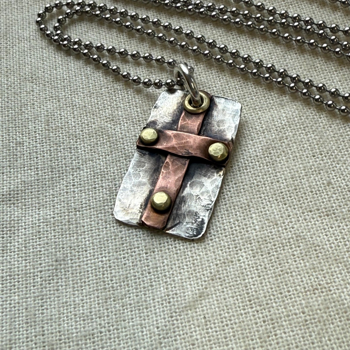 Sterling Silver and Copper Rustic Hammered Cross Necklace Hand Riveted Mixed Metal
