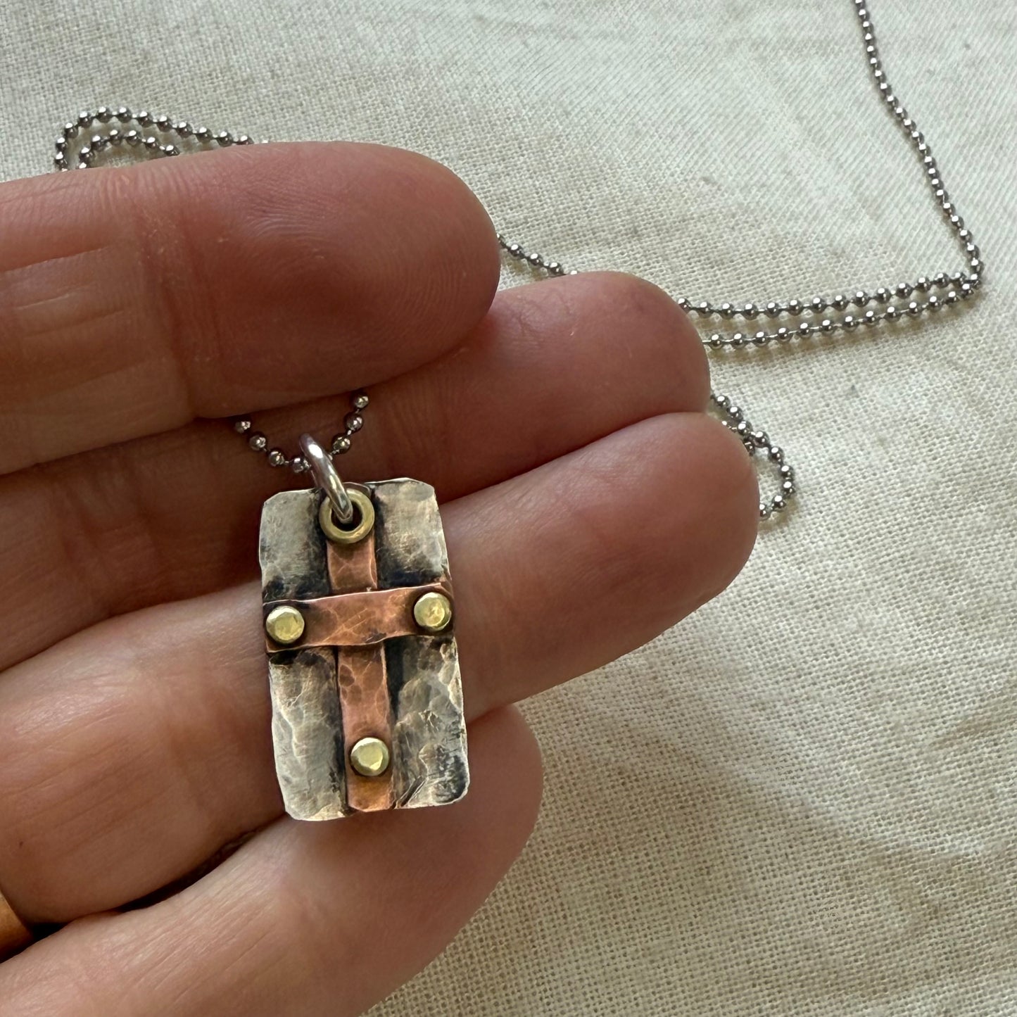 Sterling Silver and Copper Rustic Hammered Cross Necklace Hand Riveted Mixed Metal