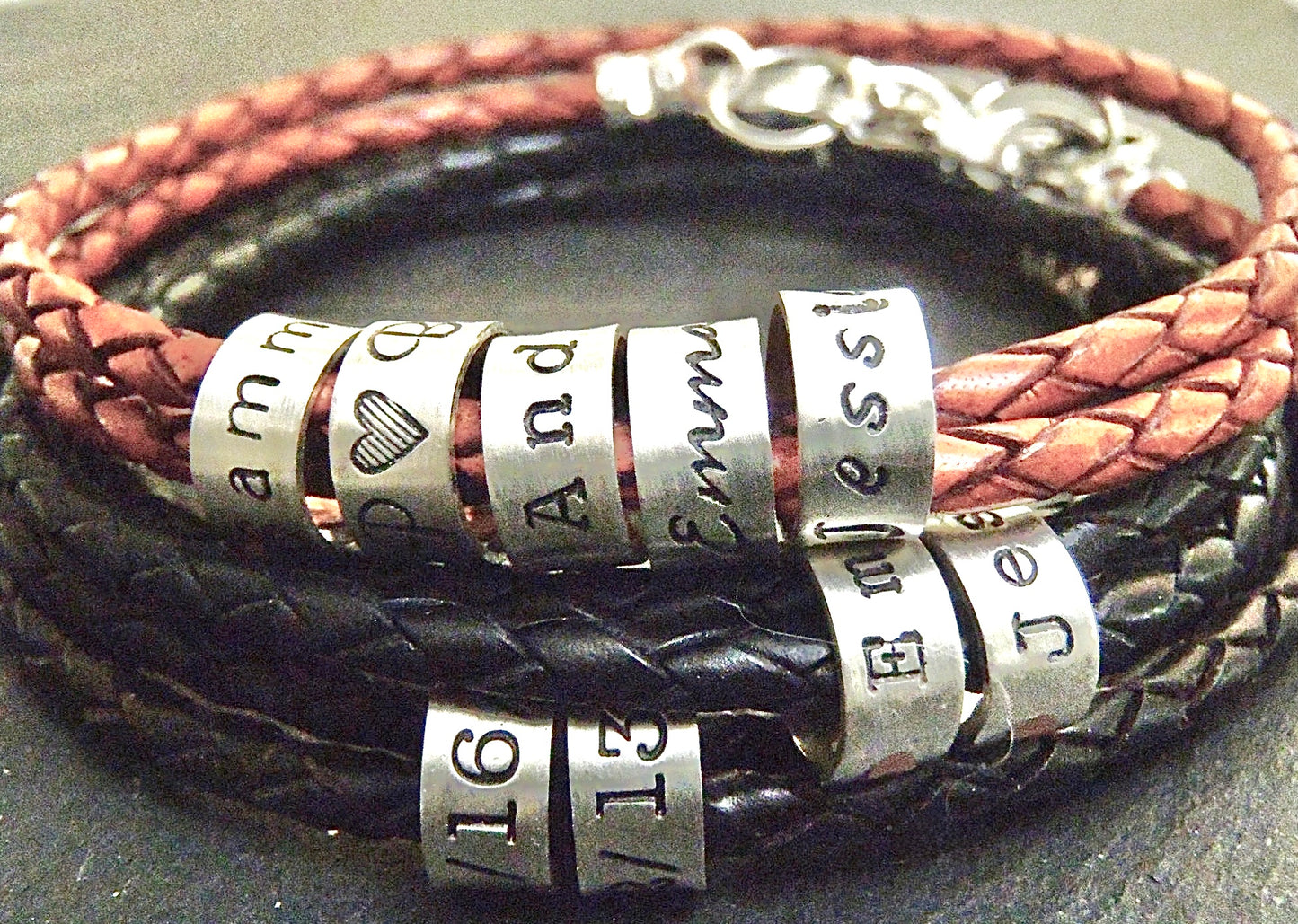 Braided leather bracelet with personalized sterling silver name charms - Drake Designs Jewelry