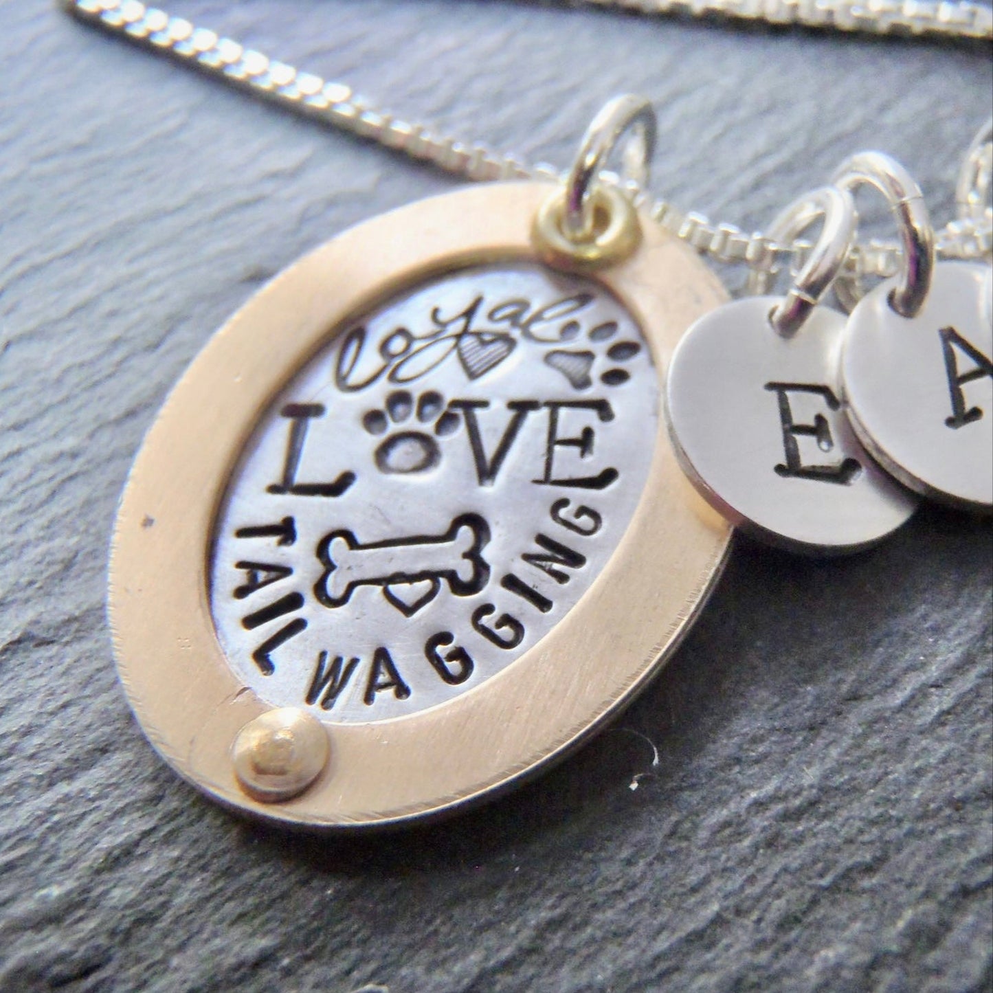 Oval word collage sterling silver with gold rim Dog mom necklace personalized - Drake Designs Jewelry