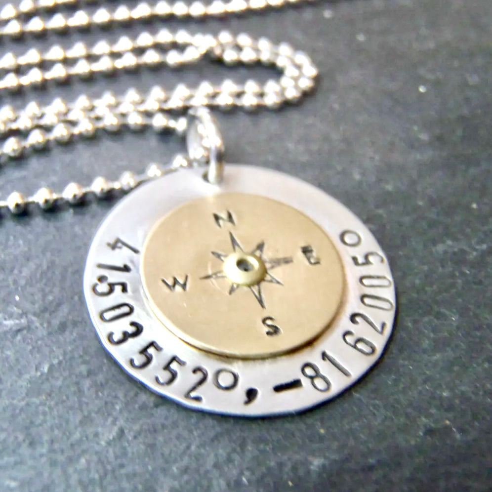 Necklace personalized with latitude and longitude coordinates hand stamped an a sterling silver and gold brass pendant - drake designs jewelry