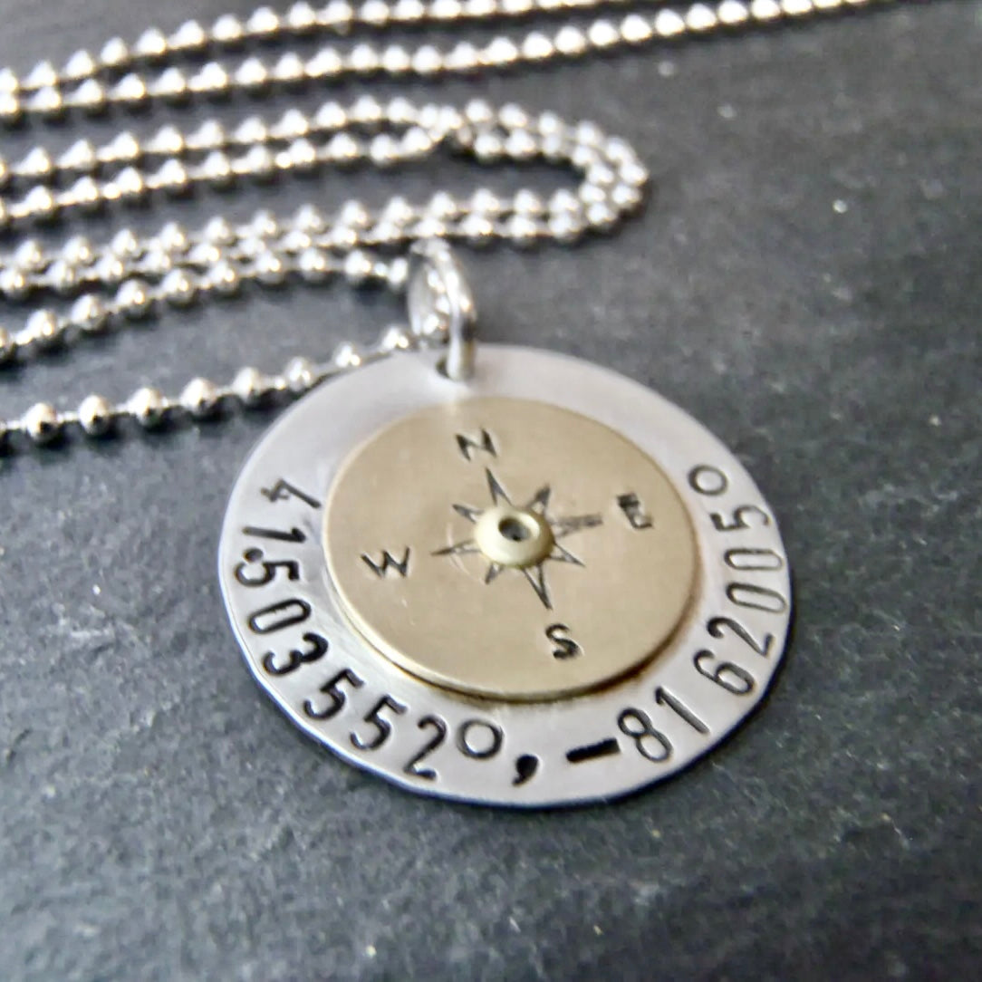Necklace personalized with latitude and longitude coordinates hand stamped an a sterling silver and gold brass pendant - drake designs jewelry