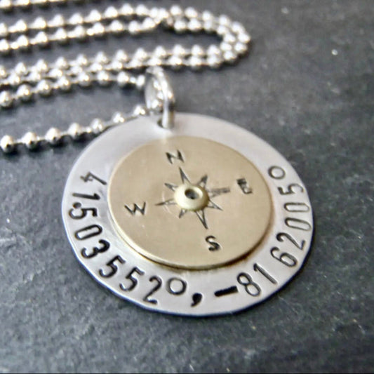 Necklace personalized with latitude and longitude coordinates hand stamped an a sterling silver and gold brass pendant - drake designs jewelry