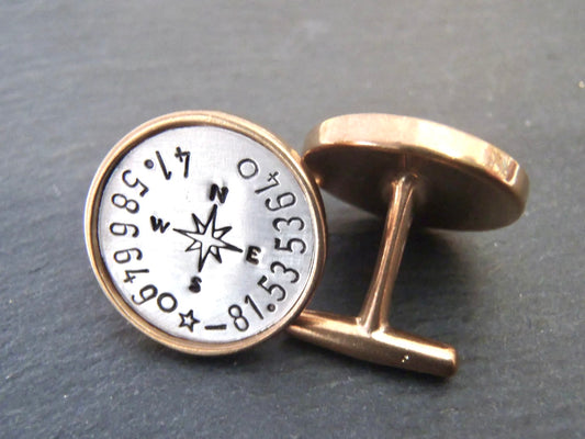 Personalized Cufflinks with compass and Latitude longitude Coordinates for Men - Drake Designs Jewelry