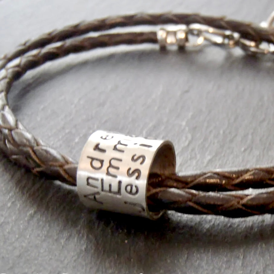 Men's braided leather bracelet for men or women with coordinates, names or custom message - Drake Designs Jewelry