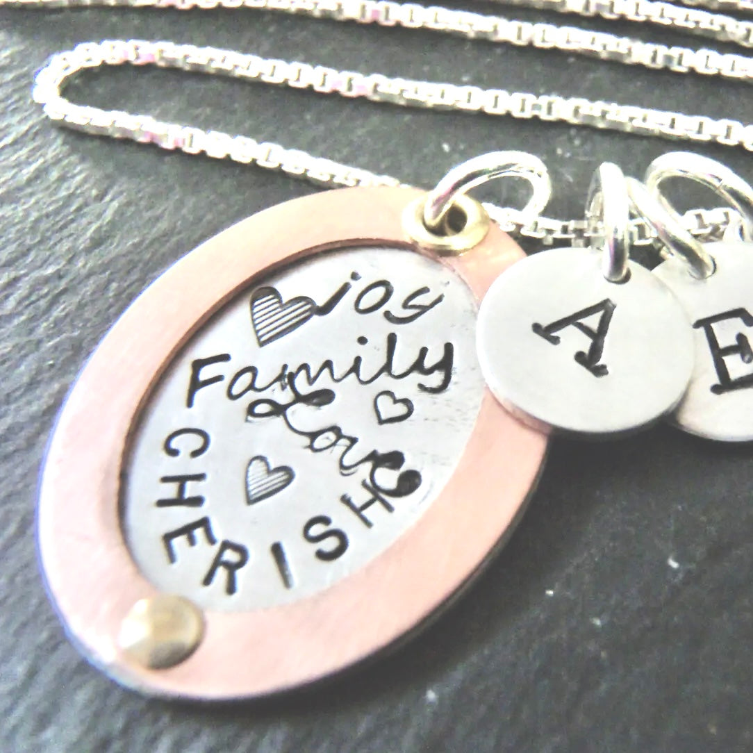 Gold Rimmed family necklace - cherish with kids initials -sterling silver and rose gold - drake designs jewelry