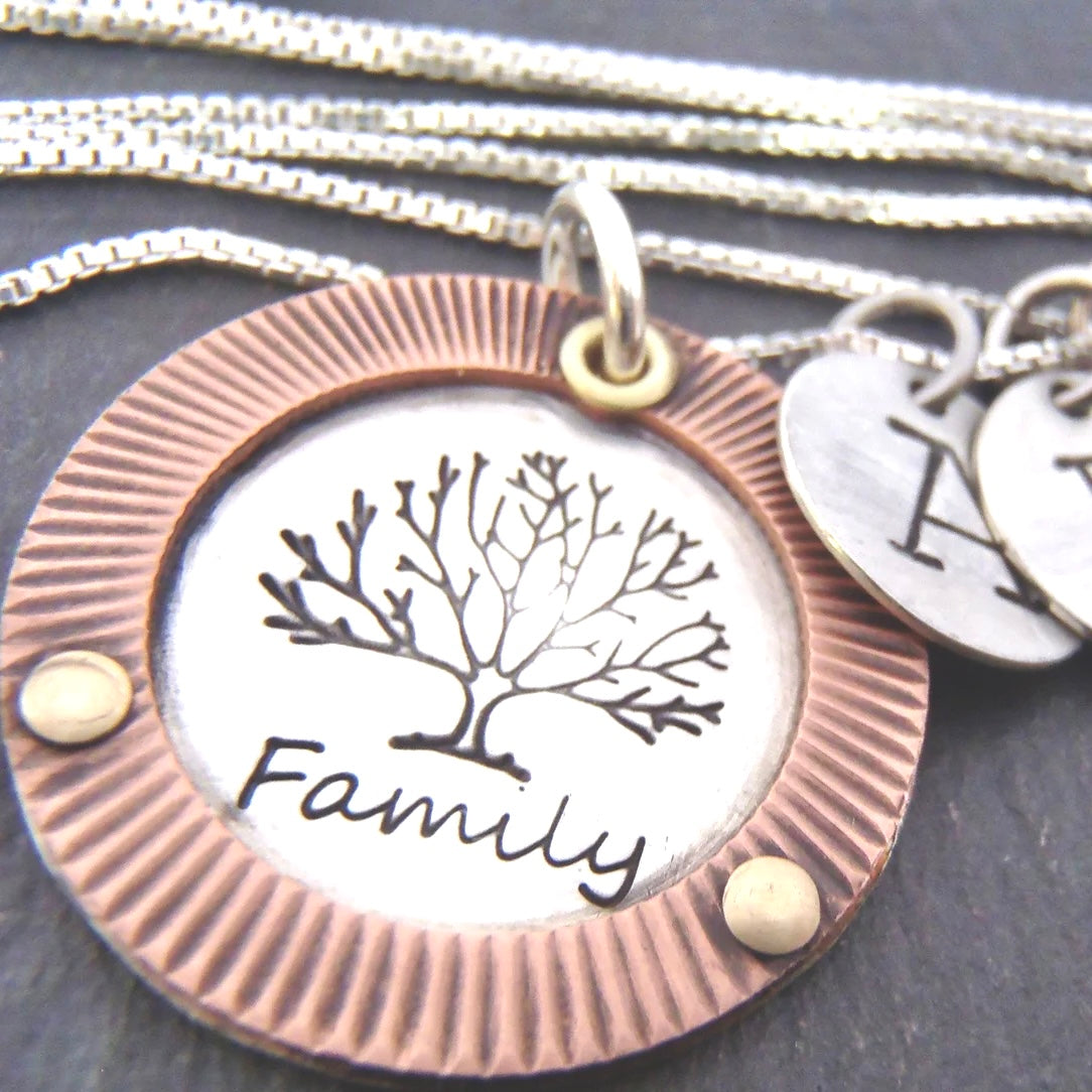 Tree of life personalized family tree necklace- sterling silver with textured copper rim - drake designs jewelry