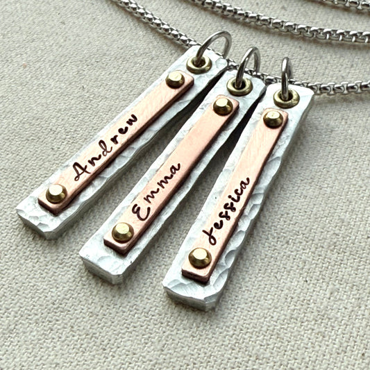 Mother's Necklace with Kids Names on Hammered Mixed Metal Bar Charms - drake designs jewelry