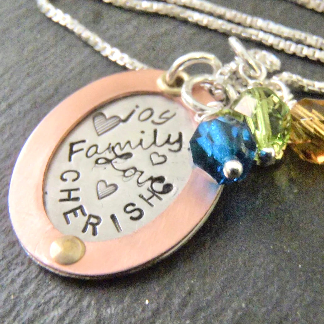 Rose gold and sterling silver oval family necklace with personalized kids birthstones - graffiti word collage - Drake Designs Jewelry