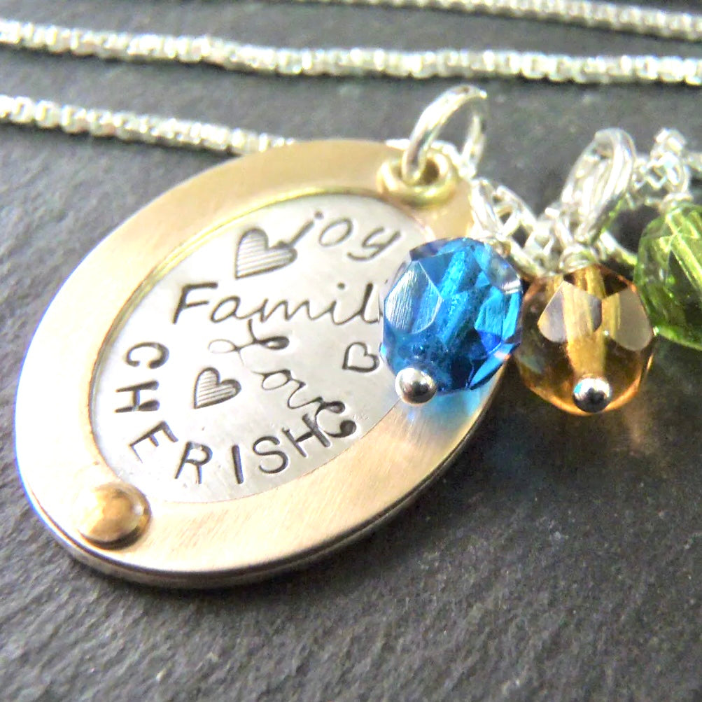 Gold and sterling silver oval family necklace with personalized kids birthstones - graffiti word collage - Drake Designs Jewelry
