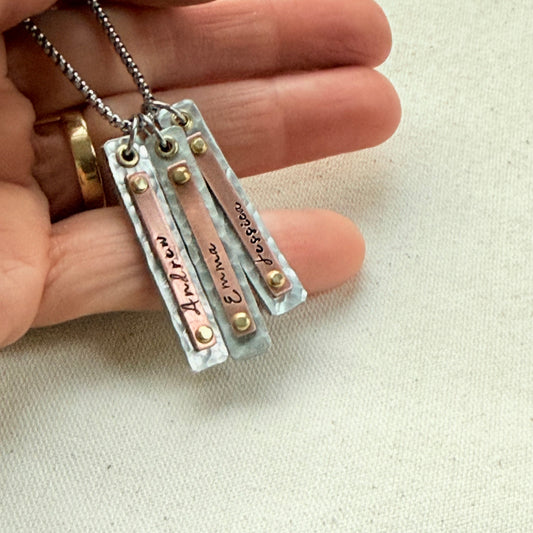 Mother's Necklace with Kids Names on Hammered Mixed Metal Bar Charms - drake designs jewelry