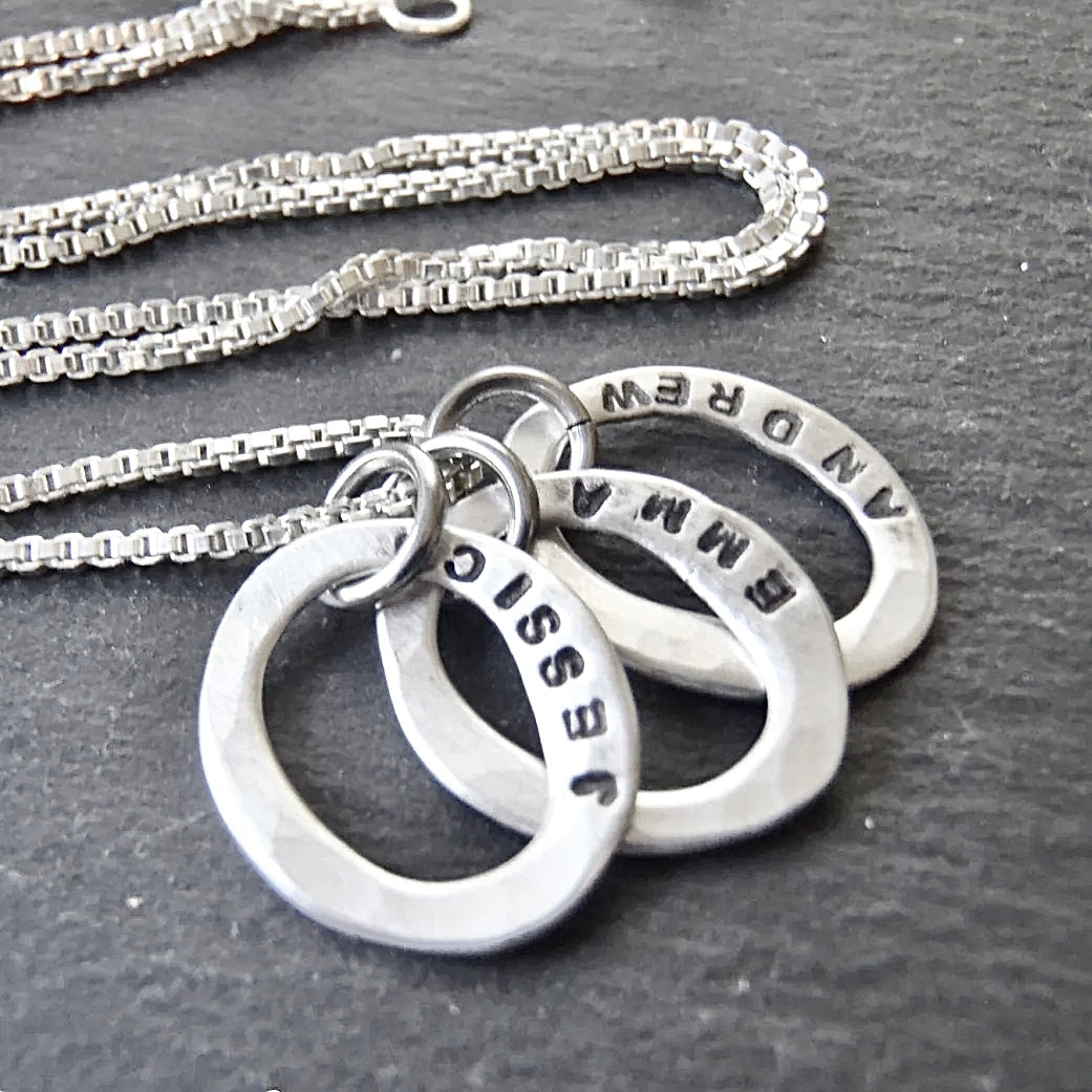 Organically shaped oval sterling silver charms with kids names hand stamped - personalized mother's necklace - drake designs jewelry