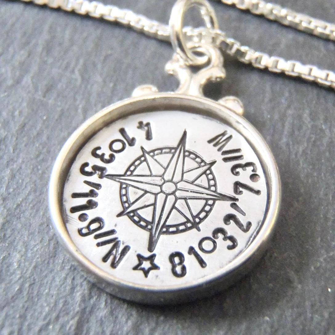 Rimmed Sterling Silver Custom Coordinates Compass Necklace