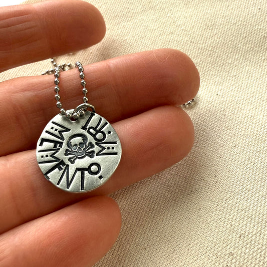 Memento mori Latin Phrase Necklace with skull and crossbones. Hand-stamped_ Drake designs jewelry