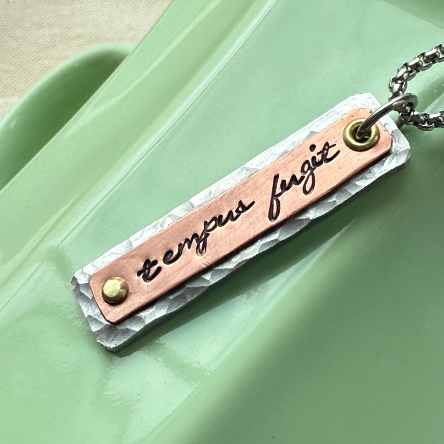 Tempus Fugit necklace | Latin Phrase Jewelry | mindfulness mantra | mixed meta hammered silver copper and gold pendant | drake designs jewelry