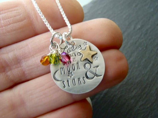 Love beyond the moon and stars personalized sterling silver mothers necklace - Drake Designs Jewelry