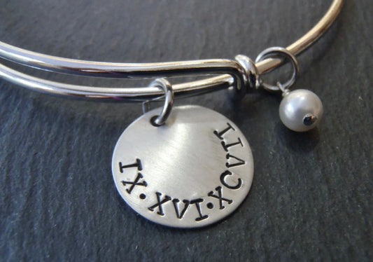 Roman Numeral Bracelet with Personalized Hand Stamped Roman Numeral Date - Drake Designs Jewelry