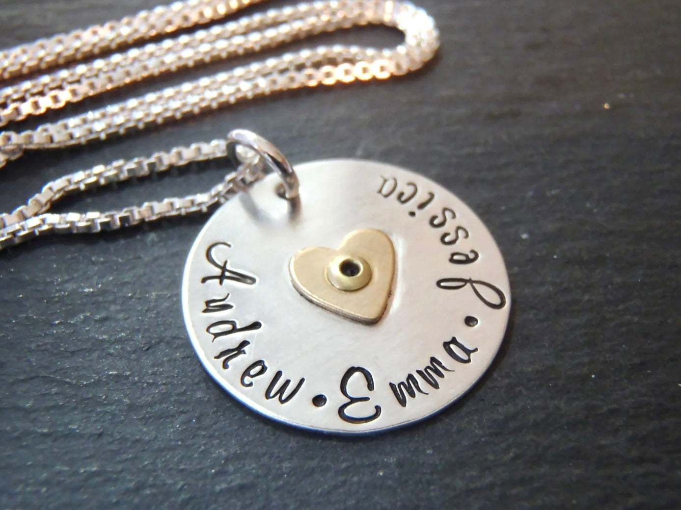 Mom Necklace with Kids names and golden heart - sterling silver mixed metal