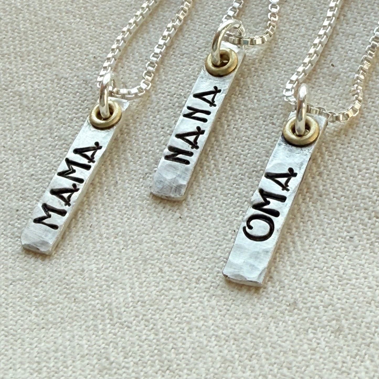 Sterling Silver Art Deco Mama Vertical Bar Necklace with Golden Accents | Oma Necklace | Nana Necklace