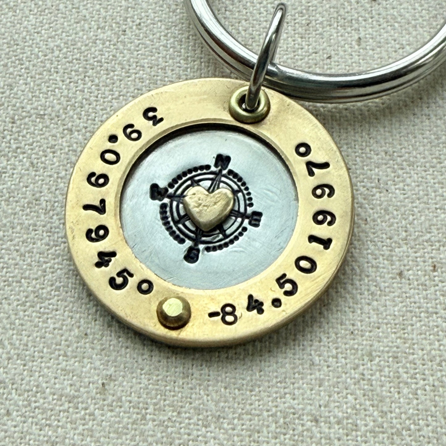 Personalized Custom Coordinates Keychain Graduation Gift | silver and gold heart and raised border | Home is Where the Heart is | Drake Designs Jewelry