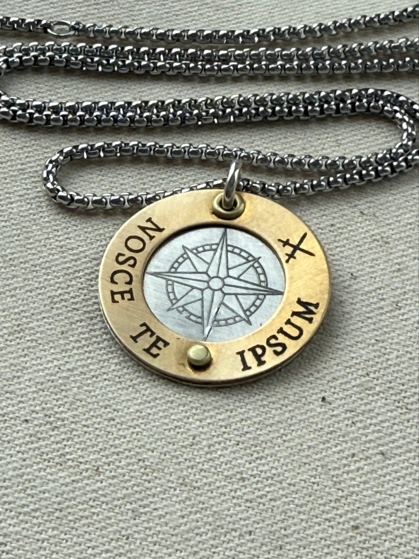 Nosce Te Ipsum Necklace - Sterling Silver and Golden Brass Latin Phrase Jewelry - Drake Designs Jewelry