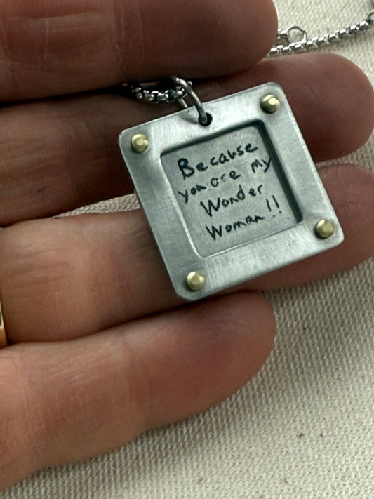 Actual handwriting necklace with your loved ones handwriting engraved. Silver and gold hand riveted - drake designs jewelry