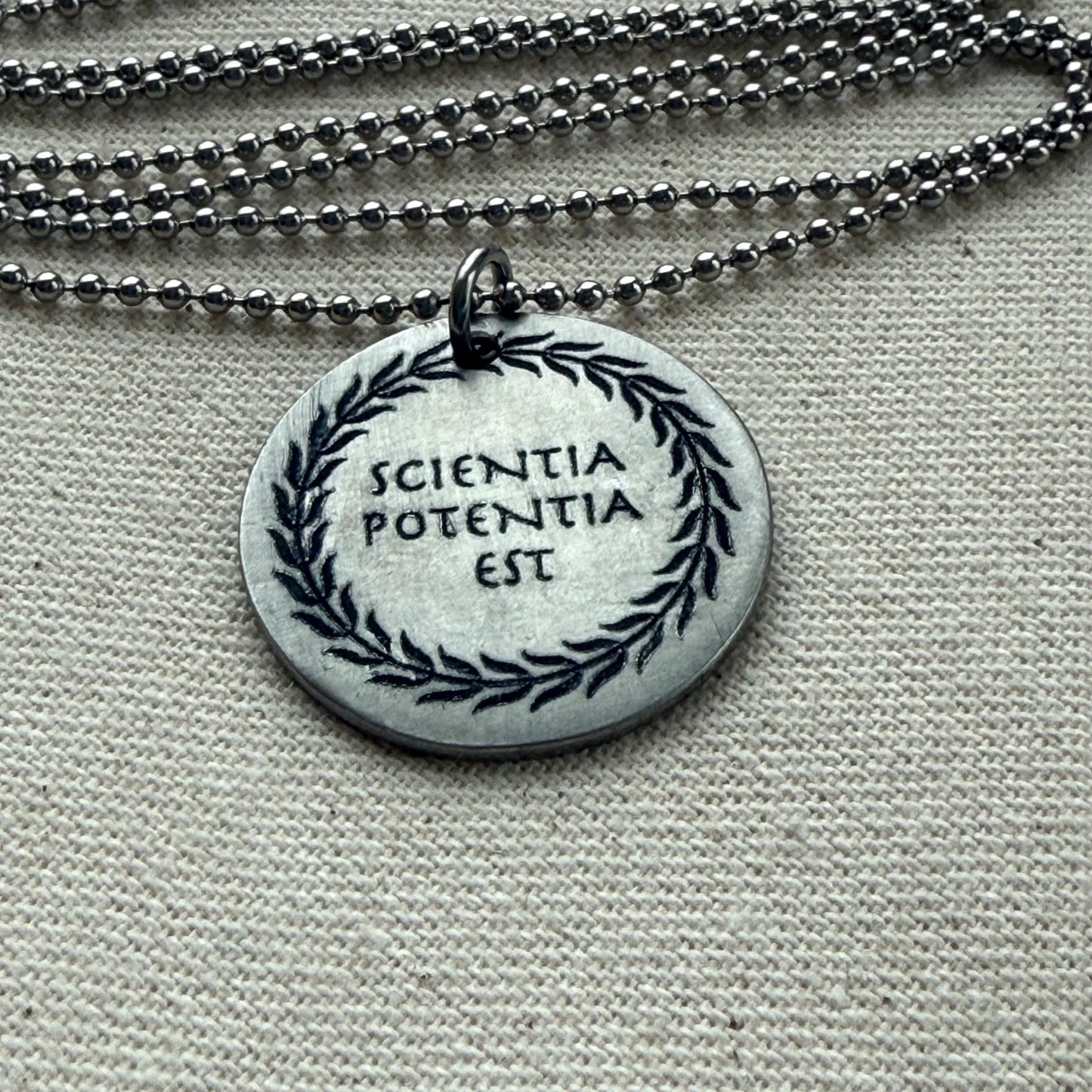 Scientia Potentia Est Necklace - Latin Phrase Necklace - Knowledge Is Power - engraved -drake designs jewelry
