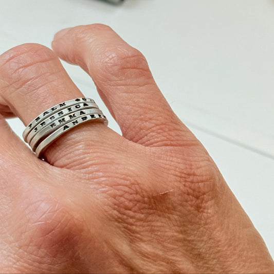 Solid sterling silver poesy rings with micro mantra or kids names hand stamped poesy ring - drake designs jewelry
