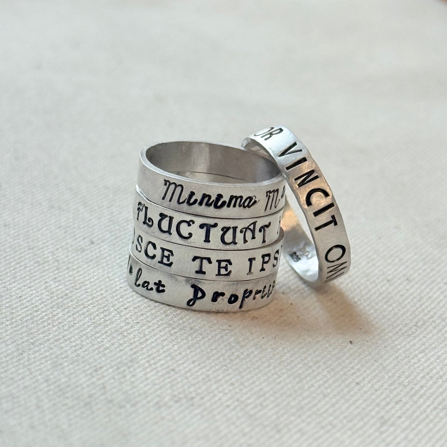 Sterling silver Poesy, Posy, Posey or Posie rings for mom with kids' names or mantra are hand stamped in font of your choice - drake designs jewelry
