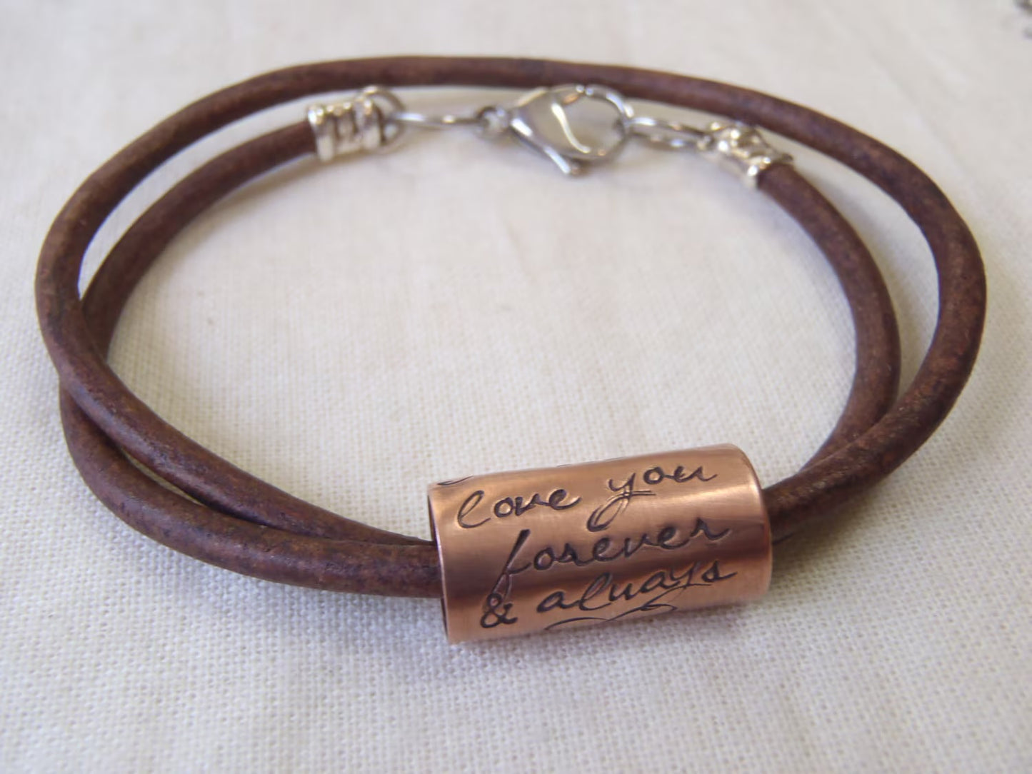 Personalized Leather Bracelet Customized with Your Own Inspirational Quote - Copper Anniversary Gift
