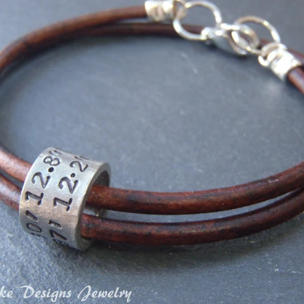 Leather Coordinate Bracelet for Men or Women with Personalized Coordinate Charm Hand Stamped