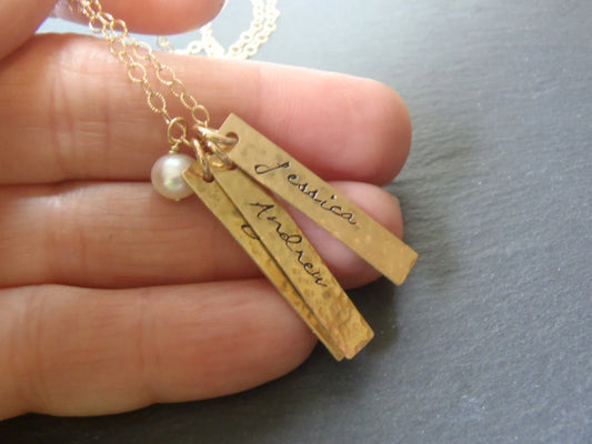 Gold filled Hammered Name Charm Vertical Bar Necklace with Pearl - Personalized Kids Names Mom Jewelry