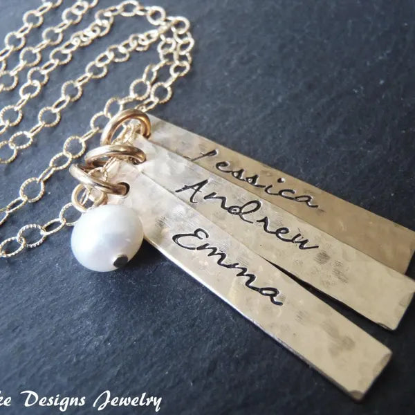 Gold filled Hammered Name Charm Vertical Bar Necklace with Pearl - Personalized Kids Names Mom Jewelry