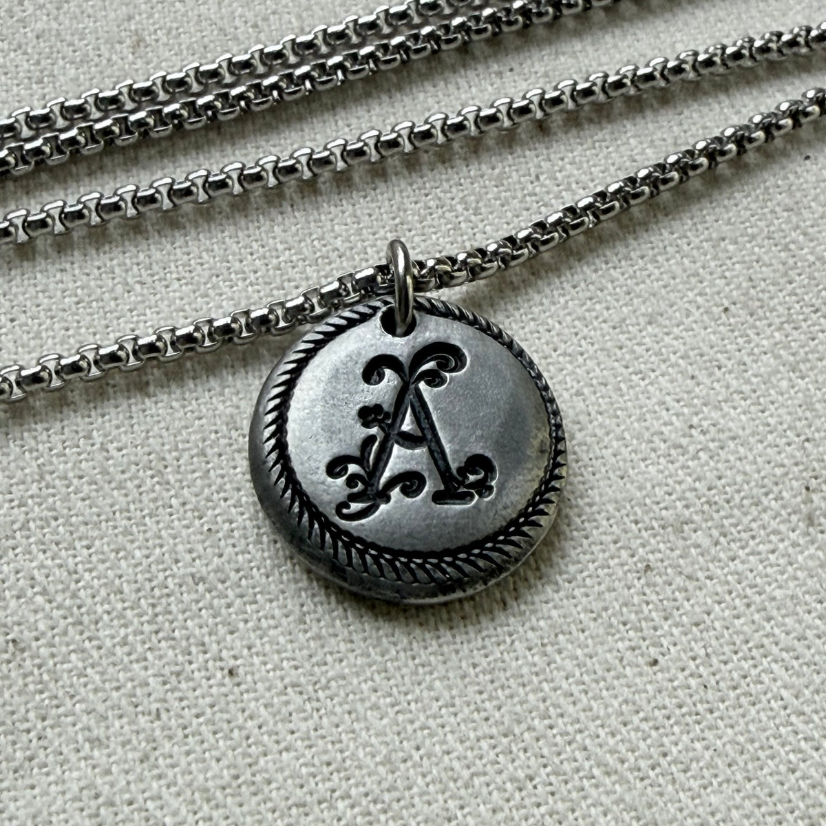 Wax Seal Style Flourished Initial Necklace with Rope Border
