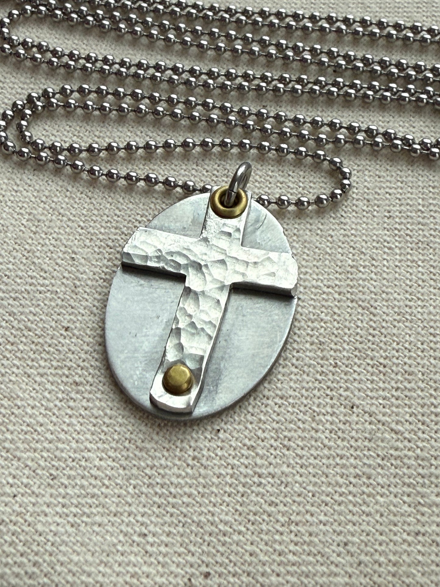 Textured Hammered Silver Cross Necklace Hand Riveted Mixed Metal - Drake Designs Jewelry