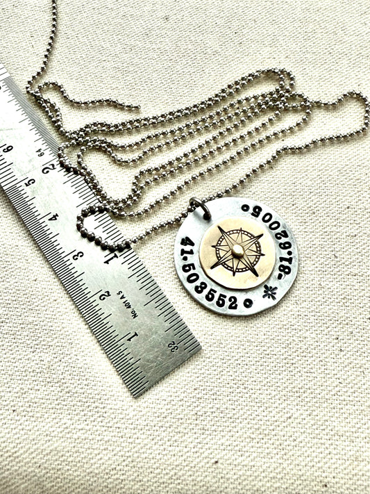 Custom coordinates necklace with gold compass riveted to silver pendant - hand stamped with personalized latitude and longitude - Drake designs jewelry