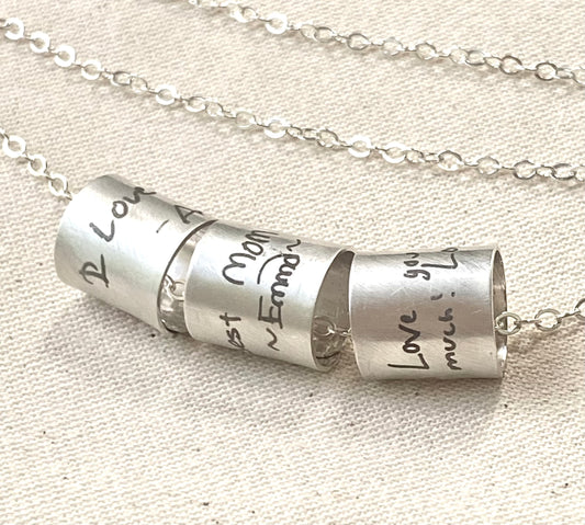 Actual handwriting engraved on sterling silver bead charm necklace artisan hand crafted - drake designs jewelry