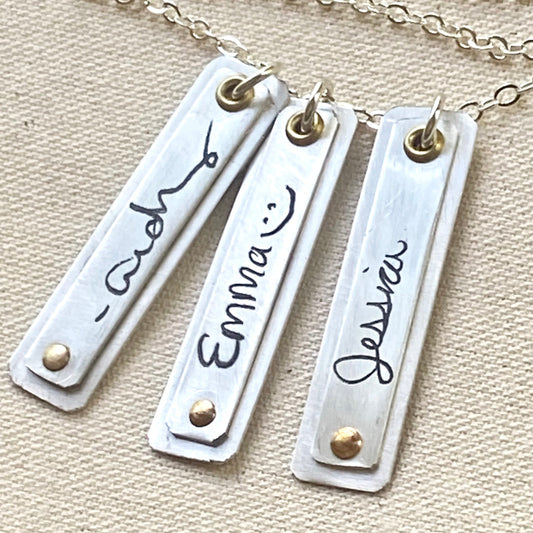 custom handwriting Personalized sterling silver charms custom engraved with your actual handwriting. Sterling silver and Golden brass  - Drake Designs Jewelry