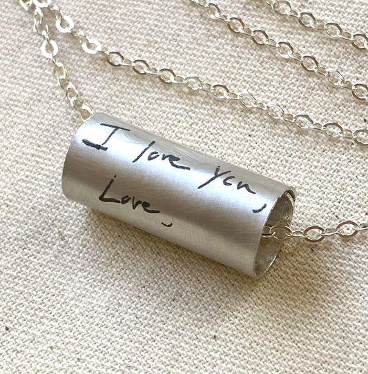Sterling silver actual handwriting necklace. Solid sterling silver and engraved with personalized actual handwriting. Drake designs jewelry